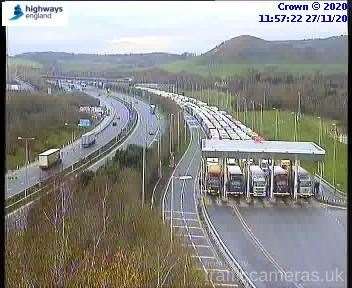 Lorries are again queuing on to the M20 at the Eurotunnel junction