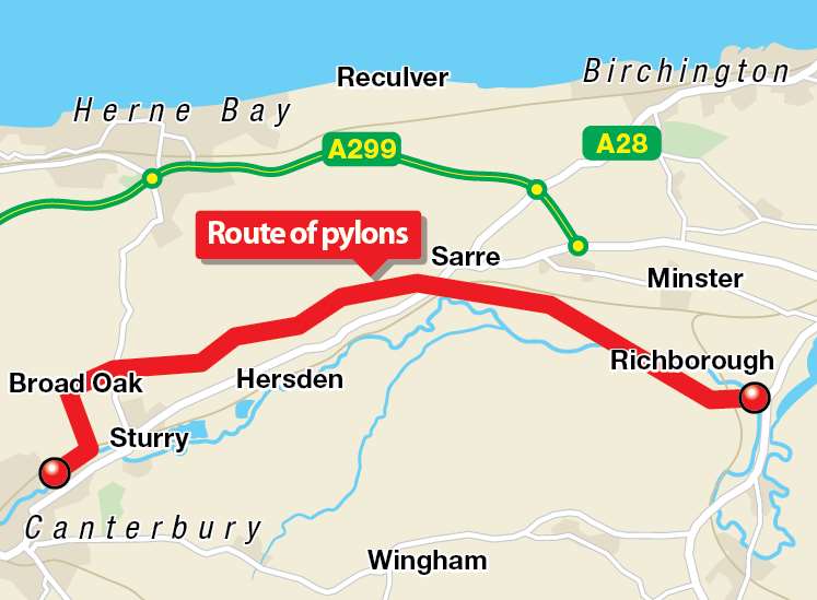 A map of the pylon route from Canterbury to Richborough, near Sandwich