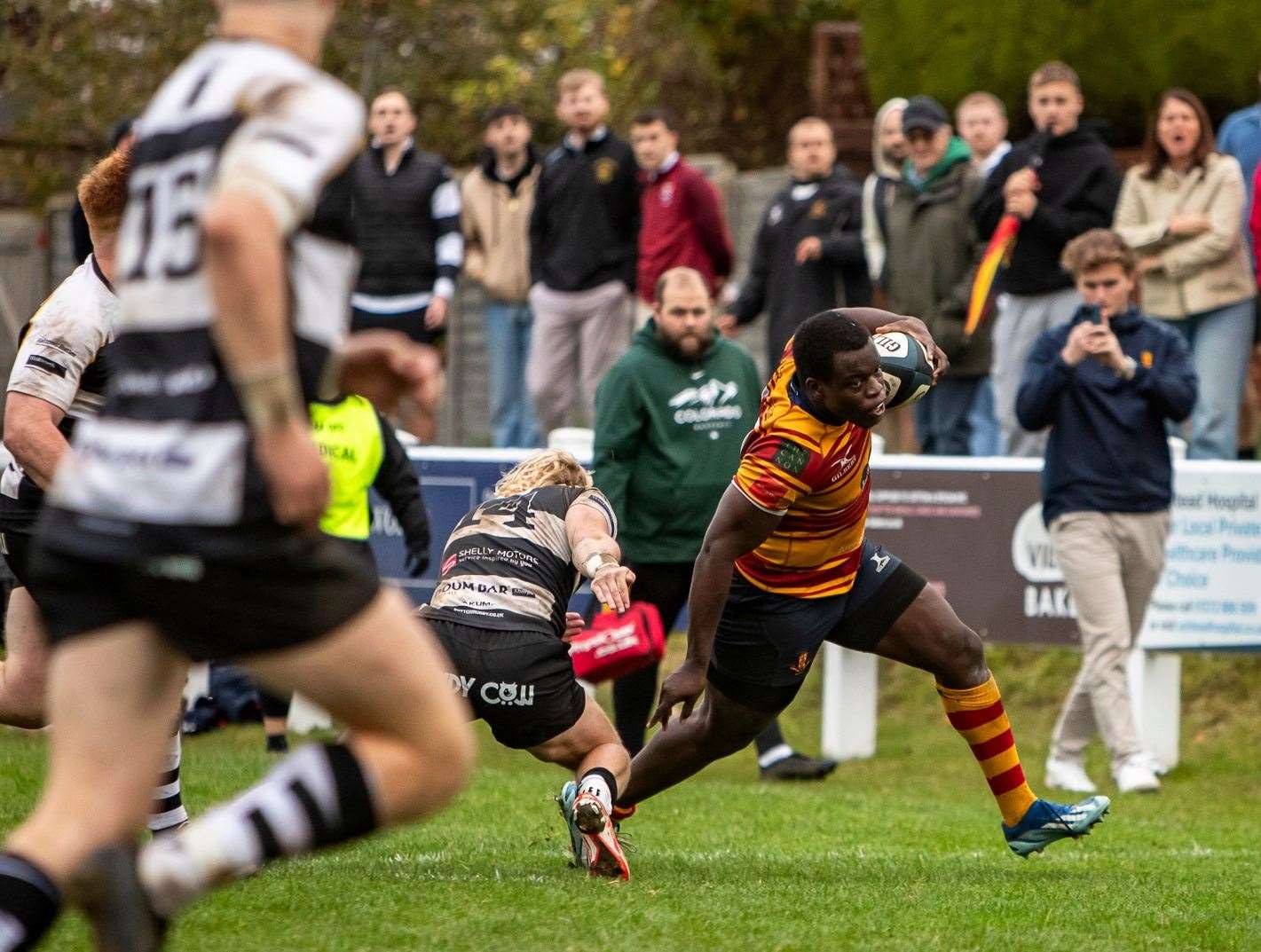 Medway try scorer John Sipawa asks questions of the Sutton & Epsom defence. Picture: Jake Miles Sports Photography