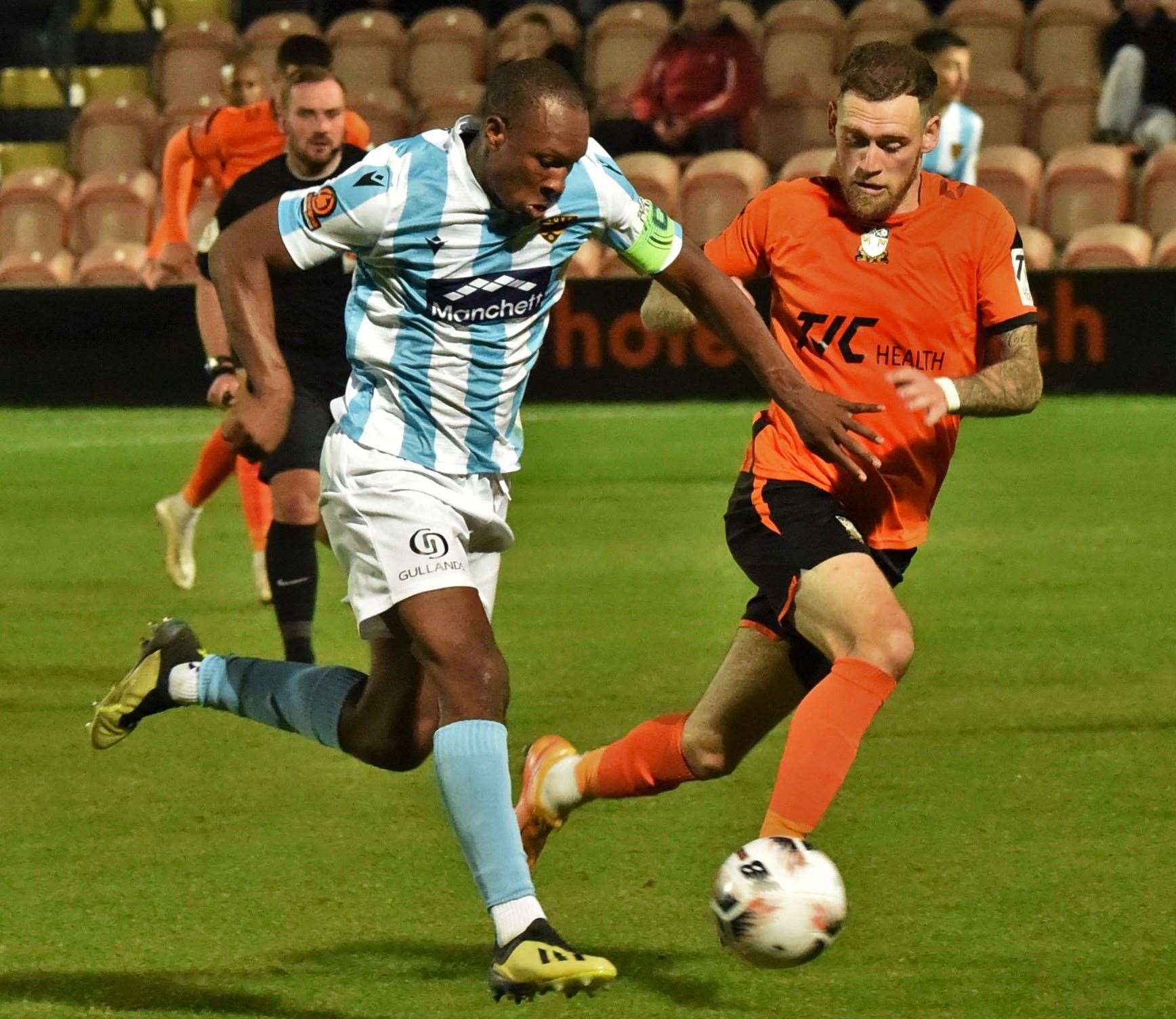 Maidstone skipper Gavin Hoyte gets forward at the Hive. Picture: Steve Terrell