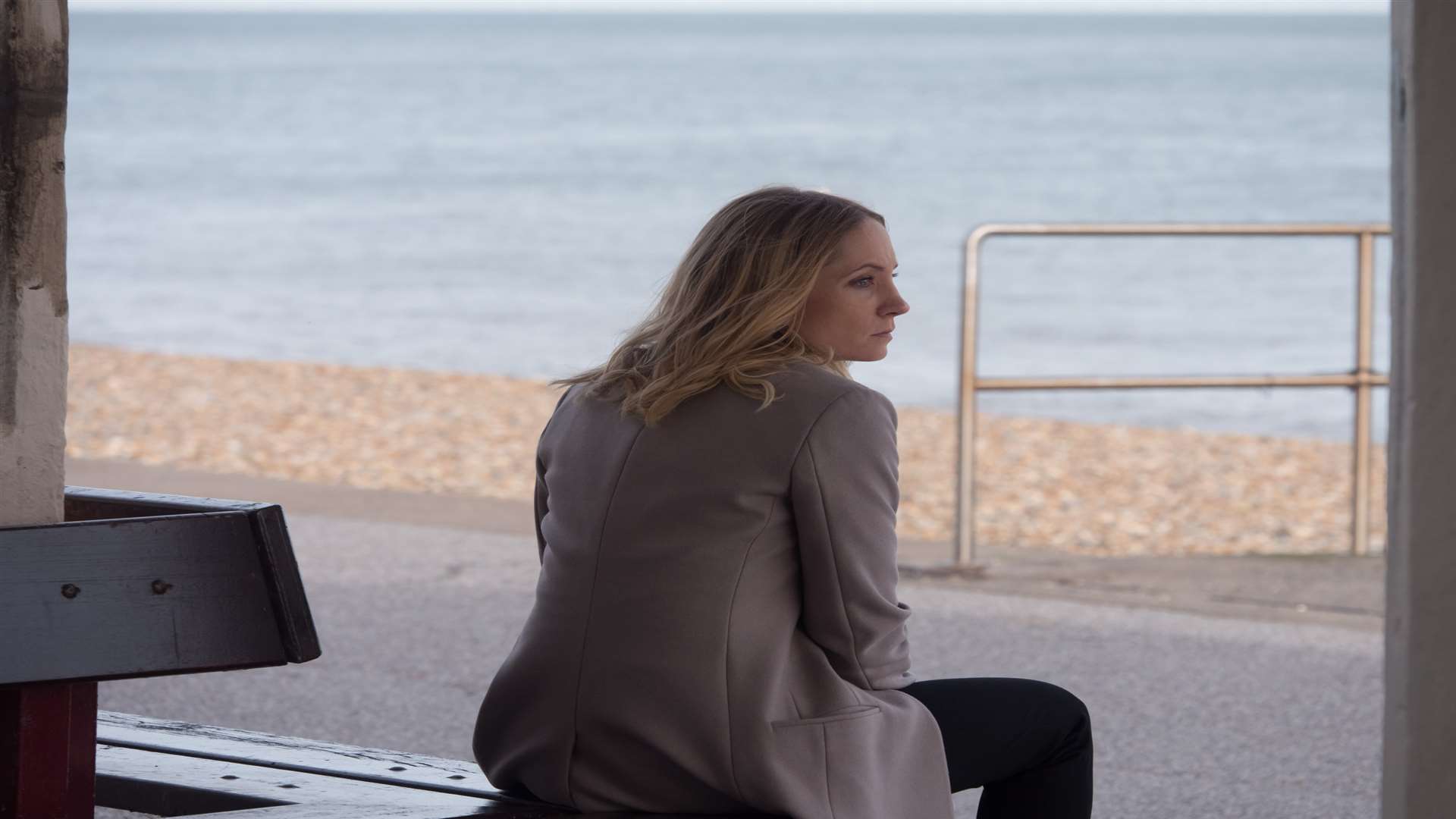 Joanne Froggatt as Laura inside one of Deal's art-deco shelters