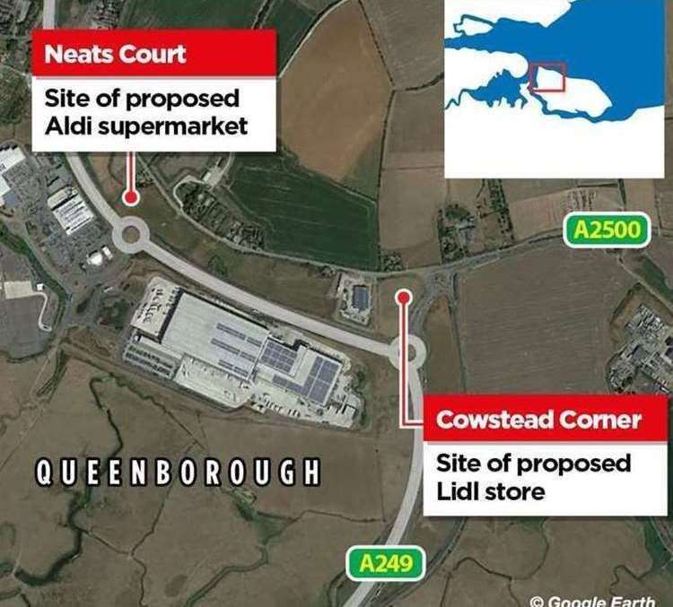 The location of the proposed Lidl, near Cowstead Corner, and the new Aldi, at Neats Court