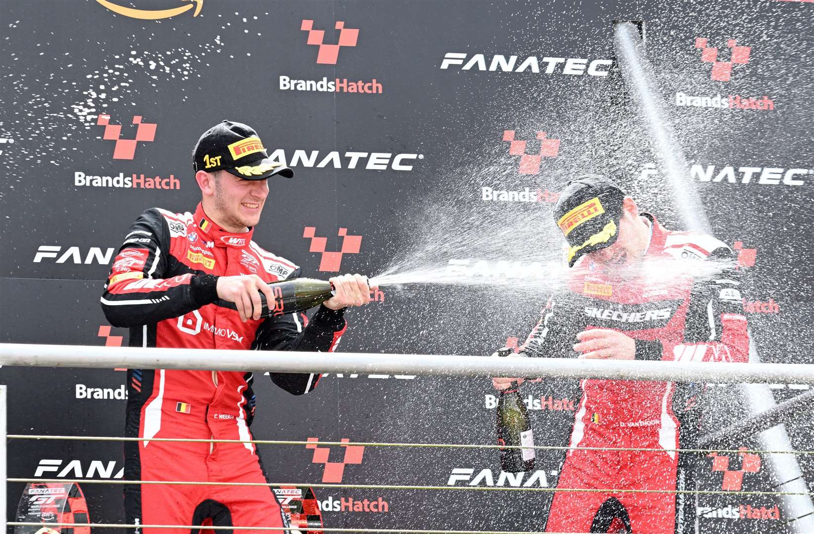 Charles Weerts and Dries Vanthoor celebrate winning race one for Team WRT in their BMW M4 GT3. Picture: Simon Hildrew