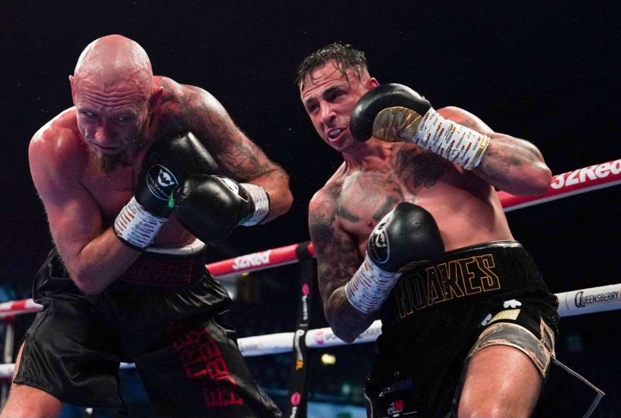 Maidstone boxer Sean Noakes , right, gets to work against Lukasz Barabasz at Wembley Arena Picture: Queensberry Promotions