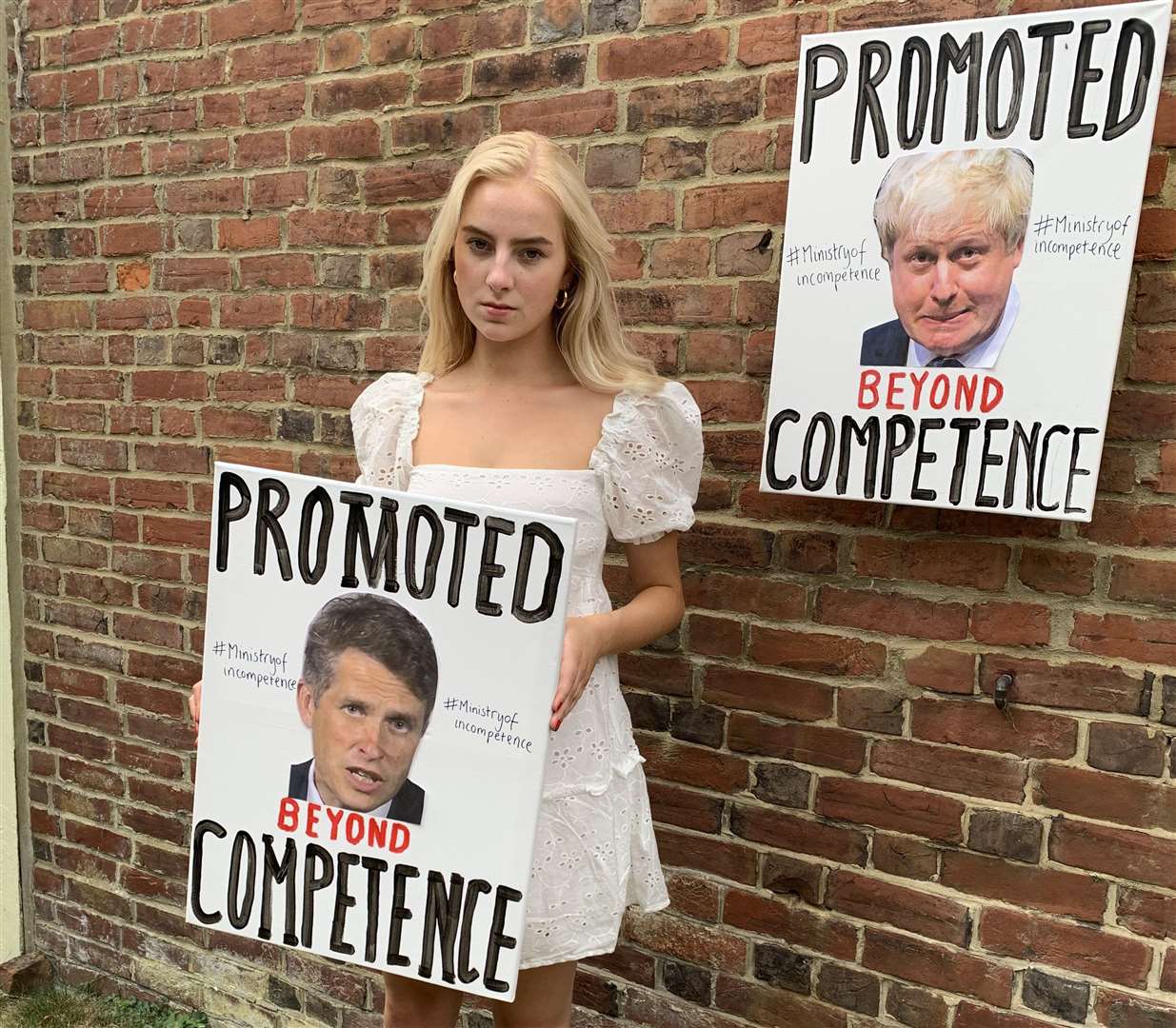 Ophelia Gregory with her placards. Picture: Ophelia Gregory