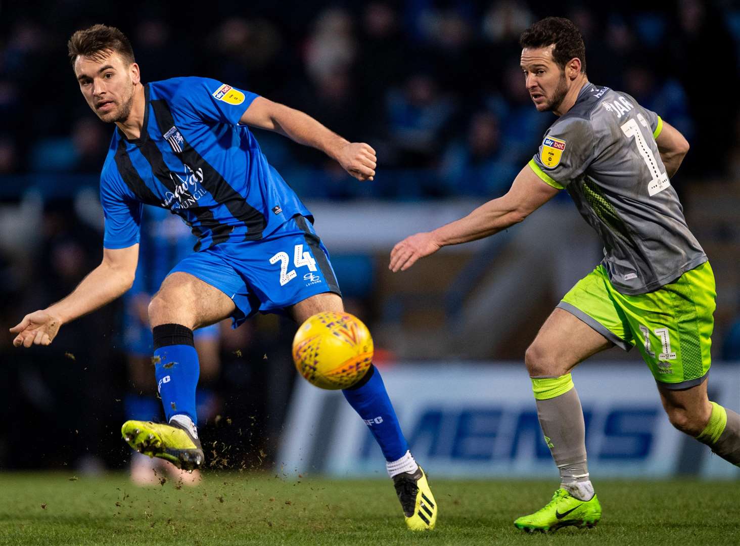 Matt Jarvis battles Josh Rees at Priestfield on Saturday Picture: Ady Kerry