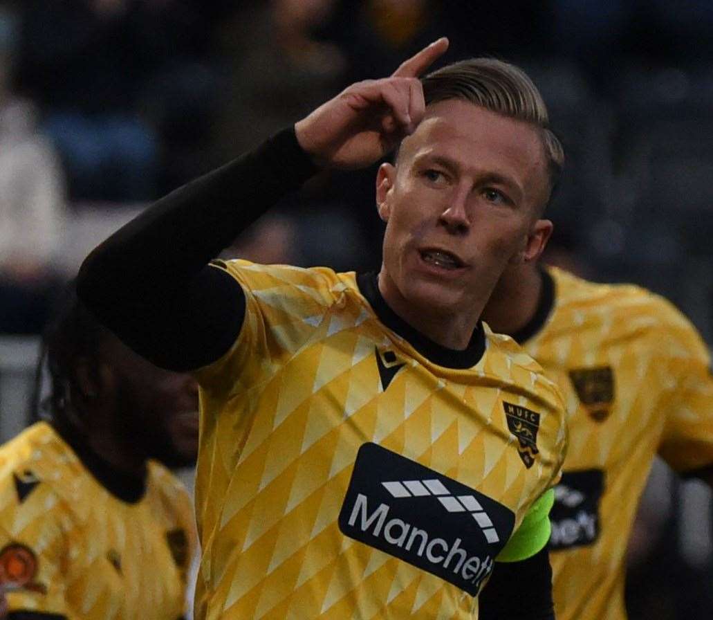 Maidstone captain Sam Corne celebrates after scoring one of his two goals in their 2-0 National League South win against Weymouth on Tuesday. Picture: Steve Terrell