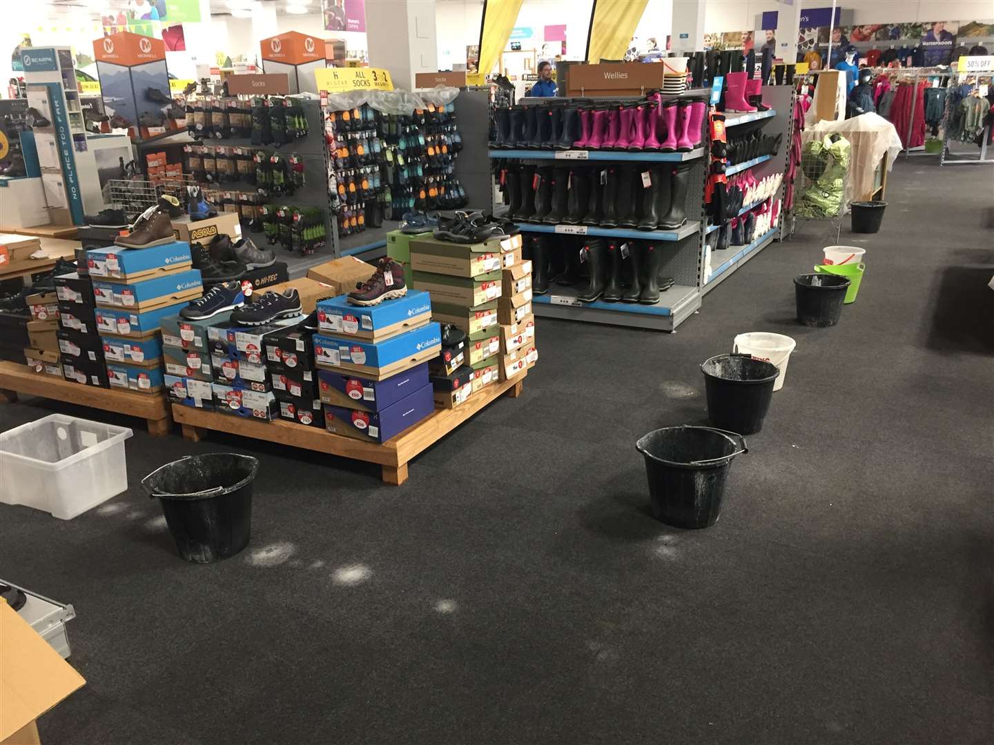 Buckets on the floor of Go Outdoors in The Brook, Chatham (12431683)