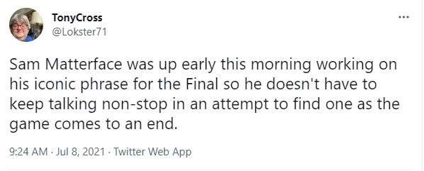 Twitter reacts to Sam Matterface commentating on the England v Denmark Euro semi final on ITV. Picture: Twitter