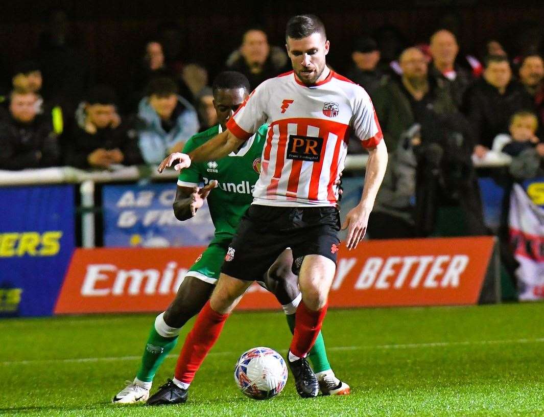 Sheppey winger Danny Leonard, pictured on the ball against Walsall, missed their midweek match. Picture: Marc Richards