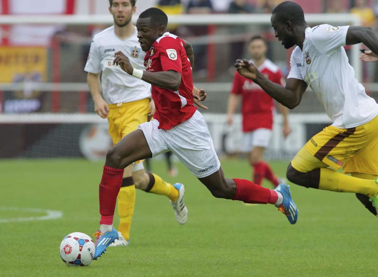 Ebbsfleet goal scorer Anthony Cook outstrips the Sutton defence Picture: Andy Payton