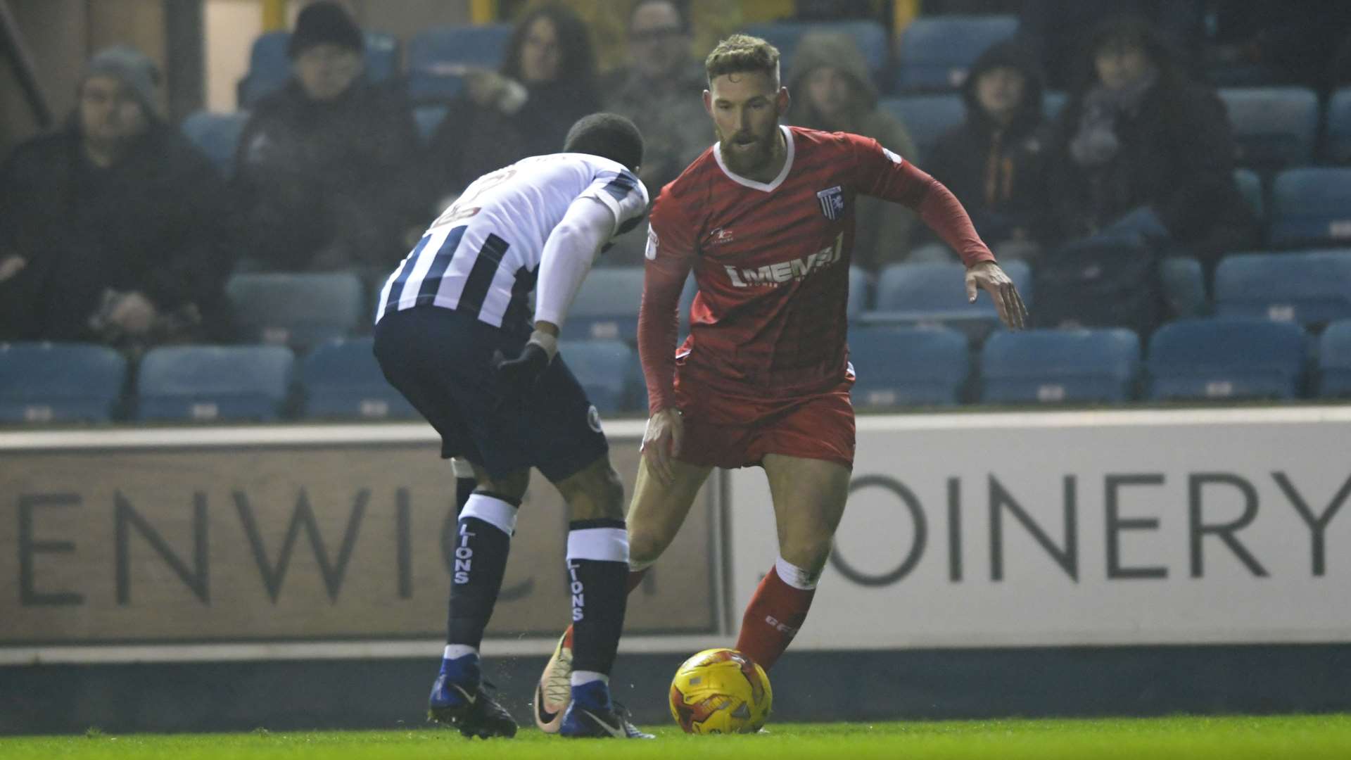 Scott Wagstaff takes on his man. Picture: Barry Goodwin