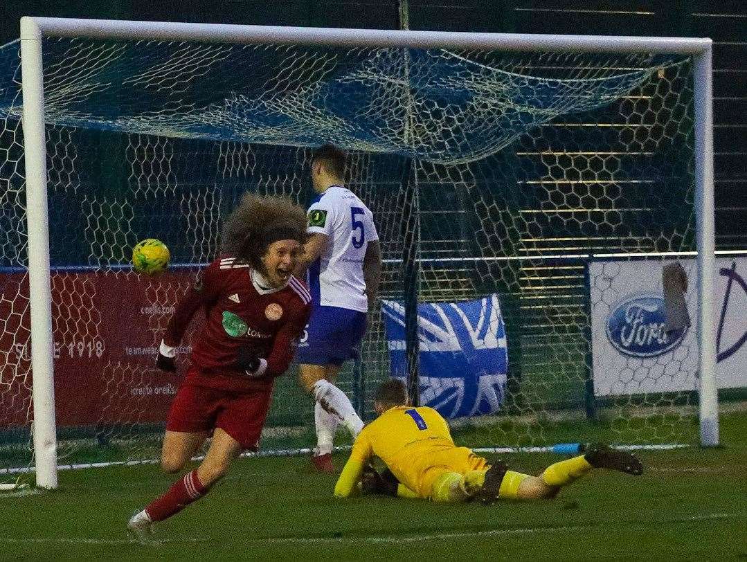 Hythe's Jarred Trespaderne celebrates his goal in the 3-0 win against Haywards Heath on Saturday Picture: Eva Gilbert