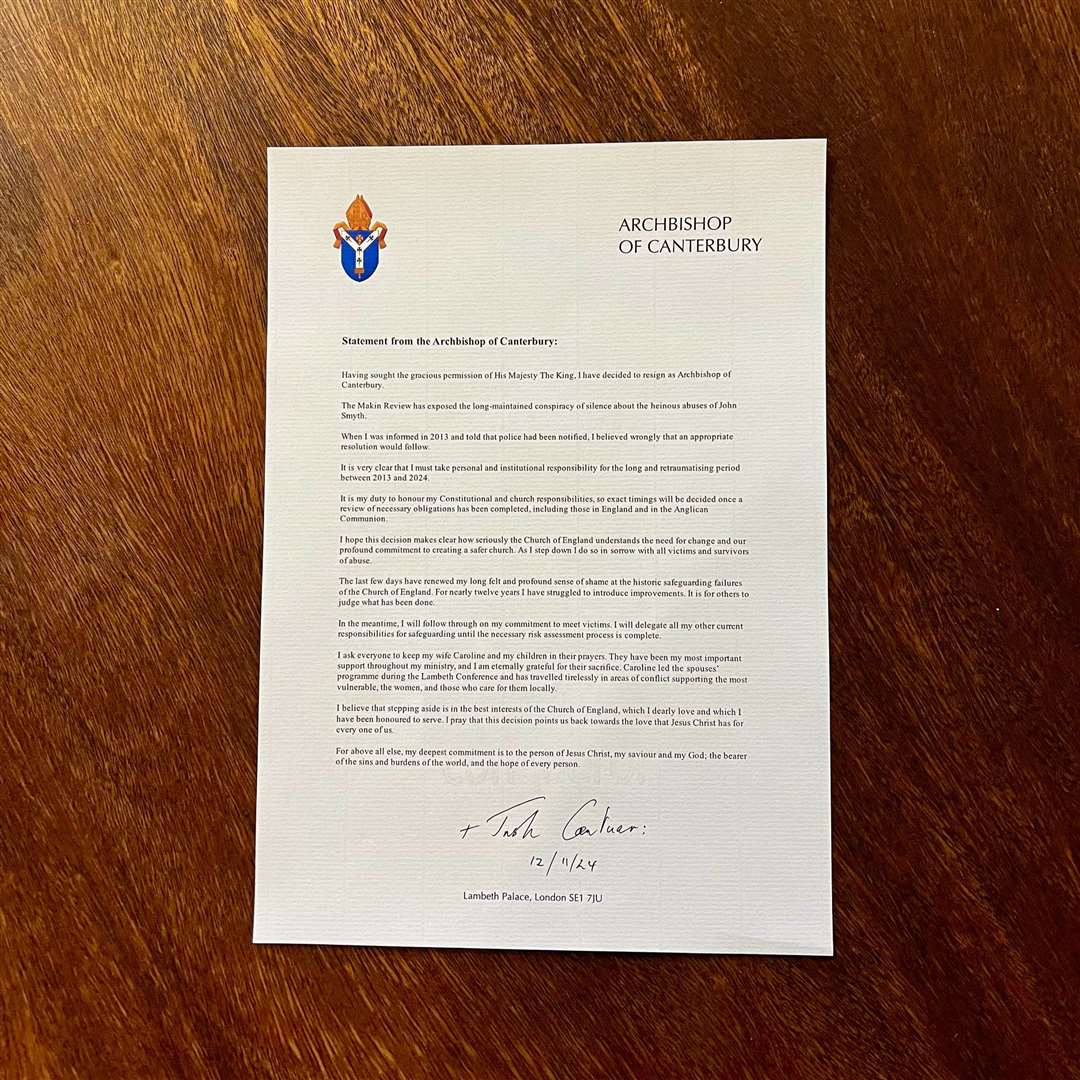 Screen grab taken from the X account of the Archbishop of Canterbury showing his resignation letter to the King (Archbishop of Canterbury/PA)