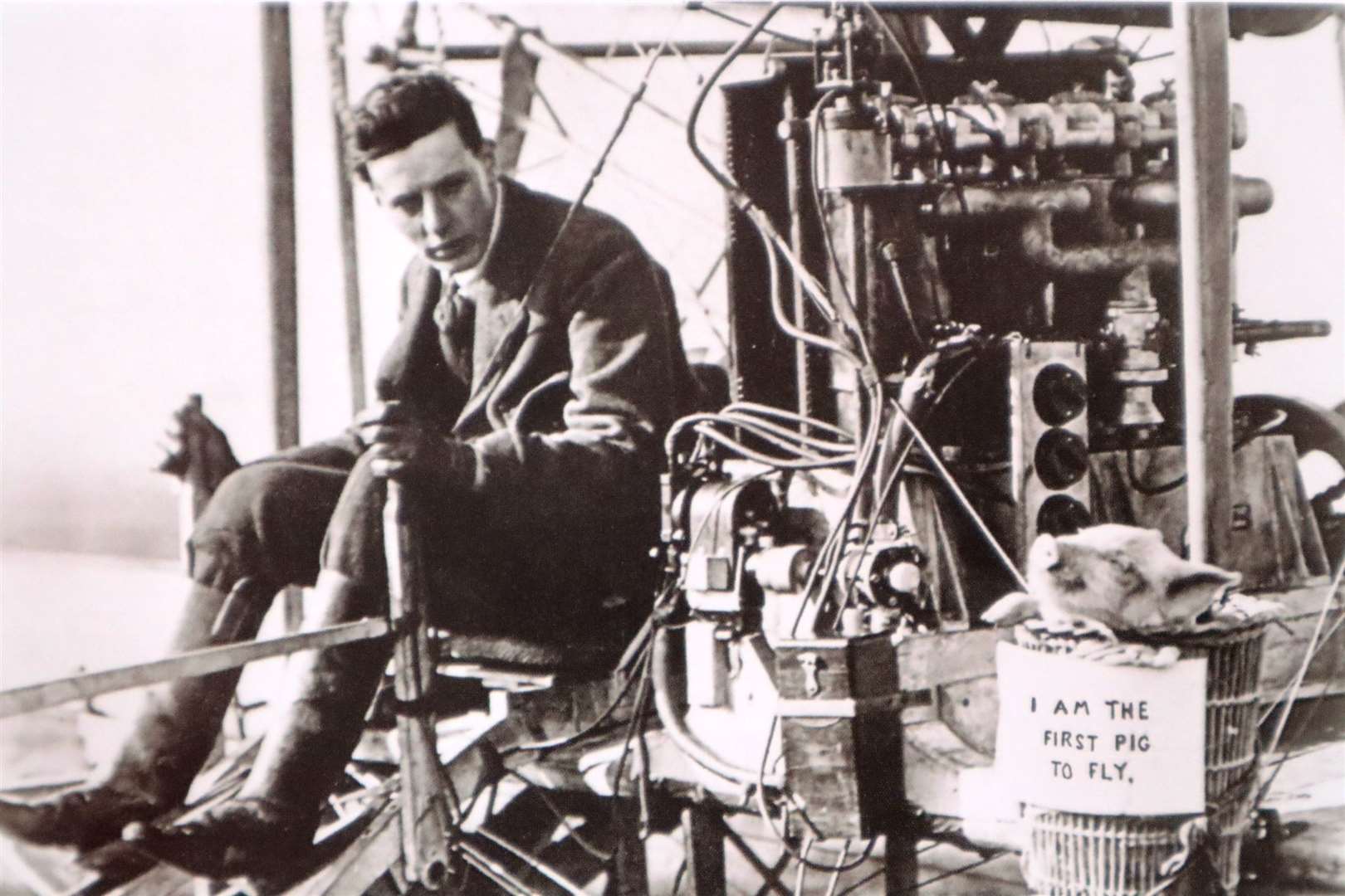 Pioneer pilot Moore-Brabazon with the world's first flying pig, called Icarus, at Shellness, Sheppey, in 1909. Picture: A History of Sheppey in Pictures by Chris Reed