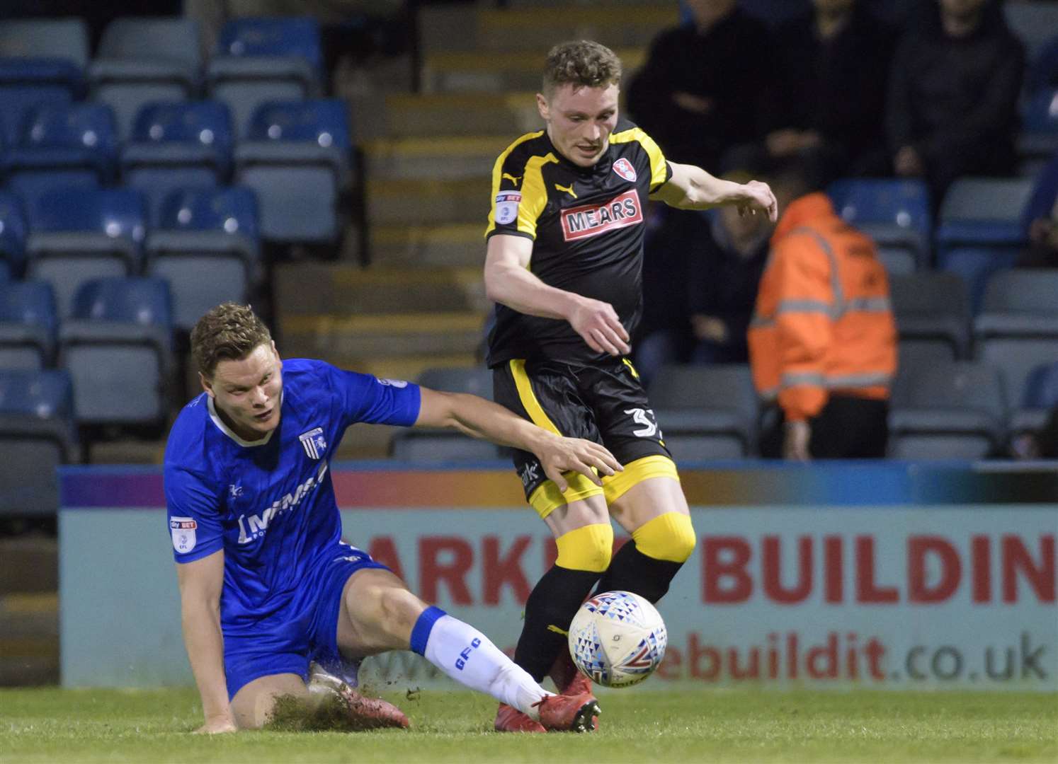 Ben Nugent makes a last gasp tackle to stop Caolan Lavery Picture: Andy Payton