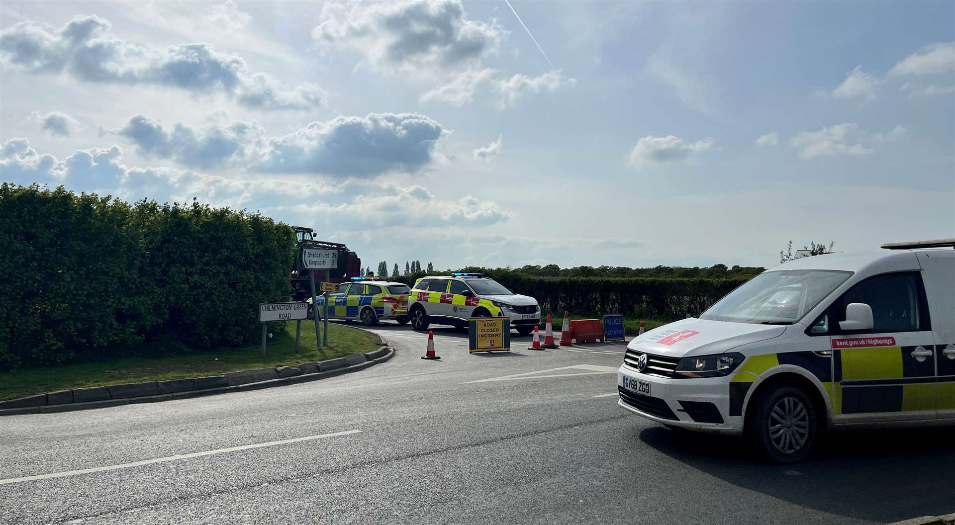 The A28 was closed at Chilmington Green near Ashford while police, firefighters and paramedics attended the scene