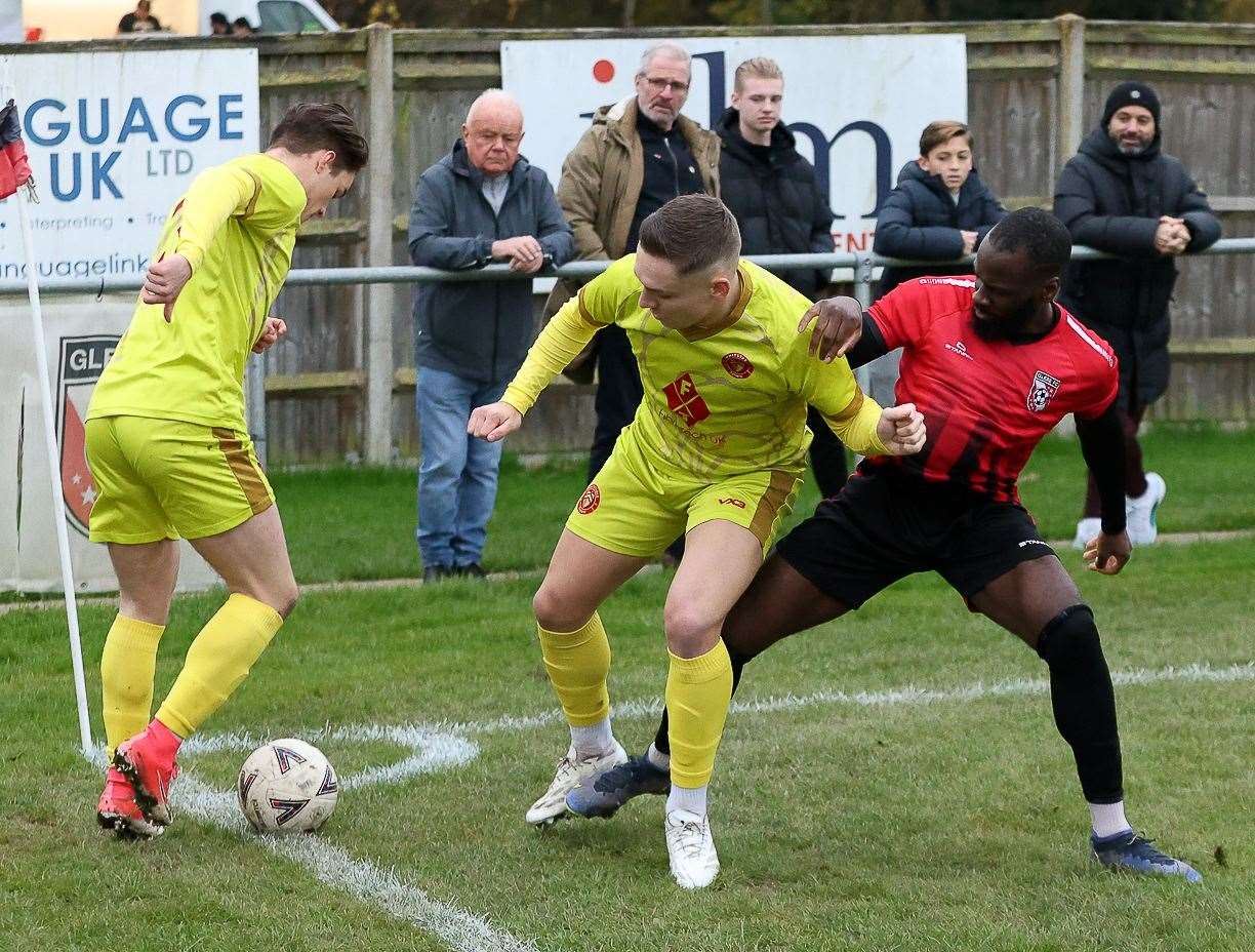 Whitstable pair Jayden Boulton and Josh Oliver do battle against Glebe. Picture: Les Biggs