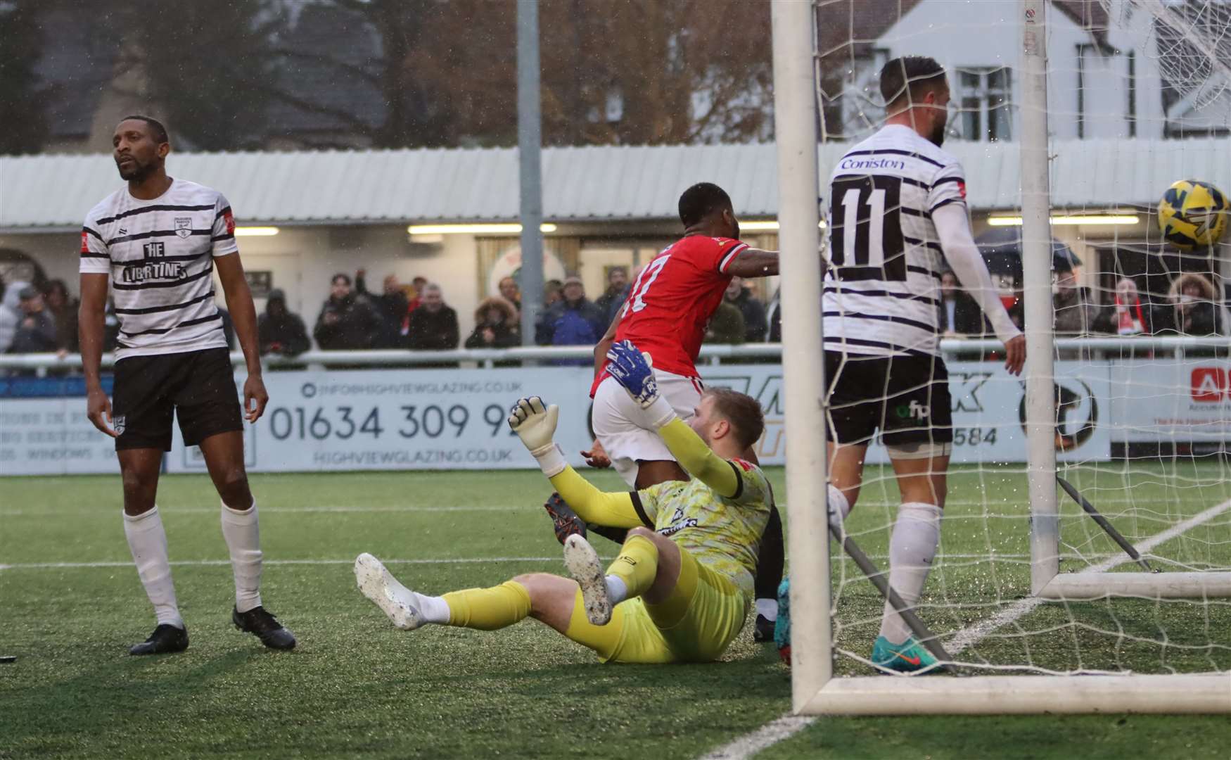 Chatham striker Rowan Liburd makes it 2-1 against Margate. Picture: Max English (@max_ePhotos)