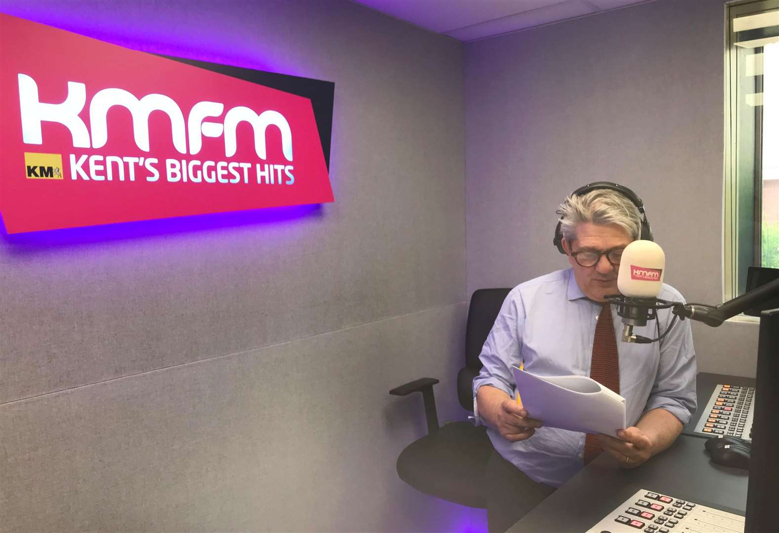 Simon Finlay recording The Kent Politics Podcast at the KMFM Studio, Medway City Estate