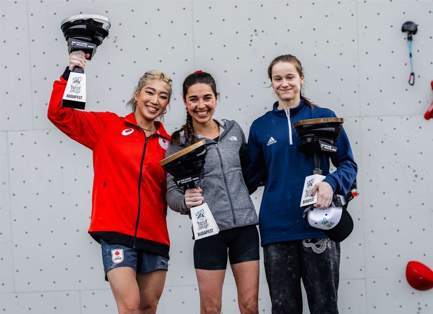 Nonaka Miho from Japan won silver, Brooke Raboutou from USA won gold and Erin McNeice won bronze. Picture: International Federation of Sport Climbing/Lena Drapella