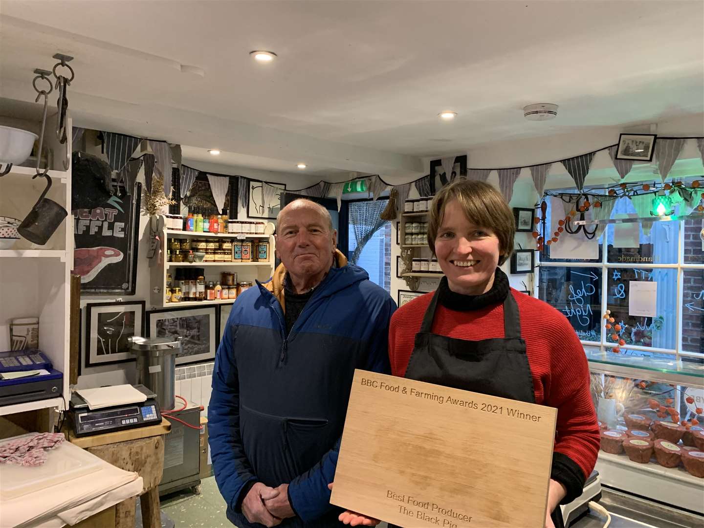 Lizzy Douglas shows off her BBC Food and Farm Award to the man who trained her, former Kingsdown butcher Alan Doyle Picture: Lizzy Douglas