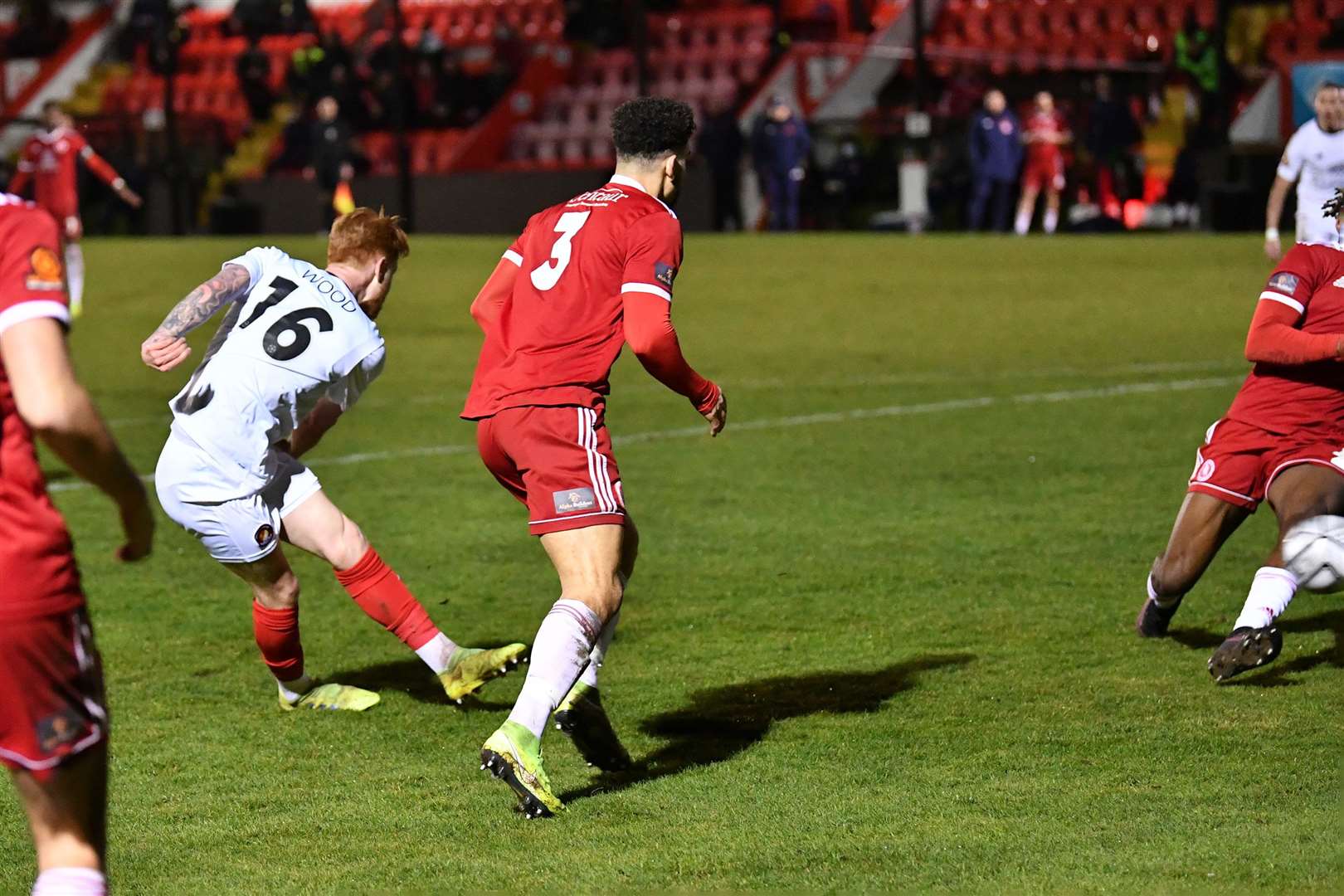 Substitute Will Wood makes it 3-3 at Park View Road. Picture: Keith Gillard