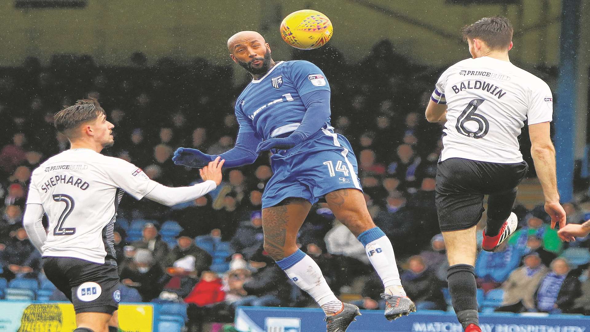 Josh Parker powers a header towards goal. Picture: Andy Jones