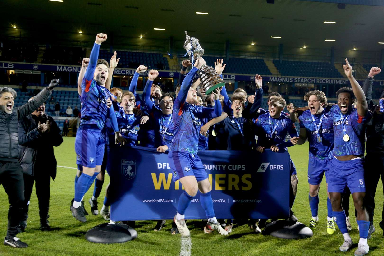 Margate captain Sam Blackman lifts the Kent Senior Cup Picture: PSP Images