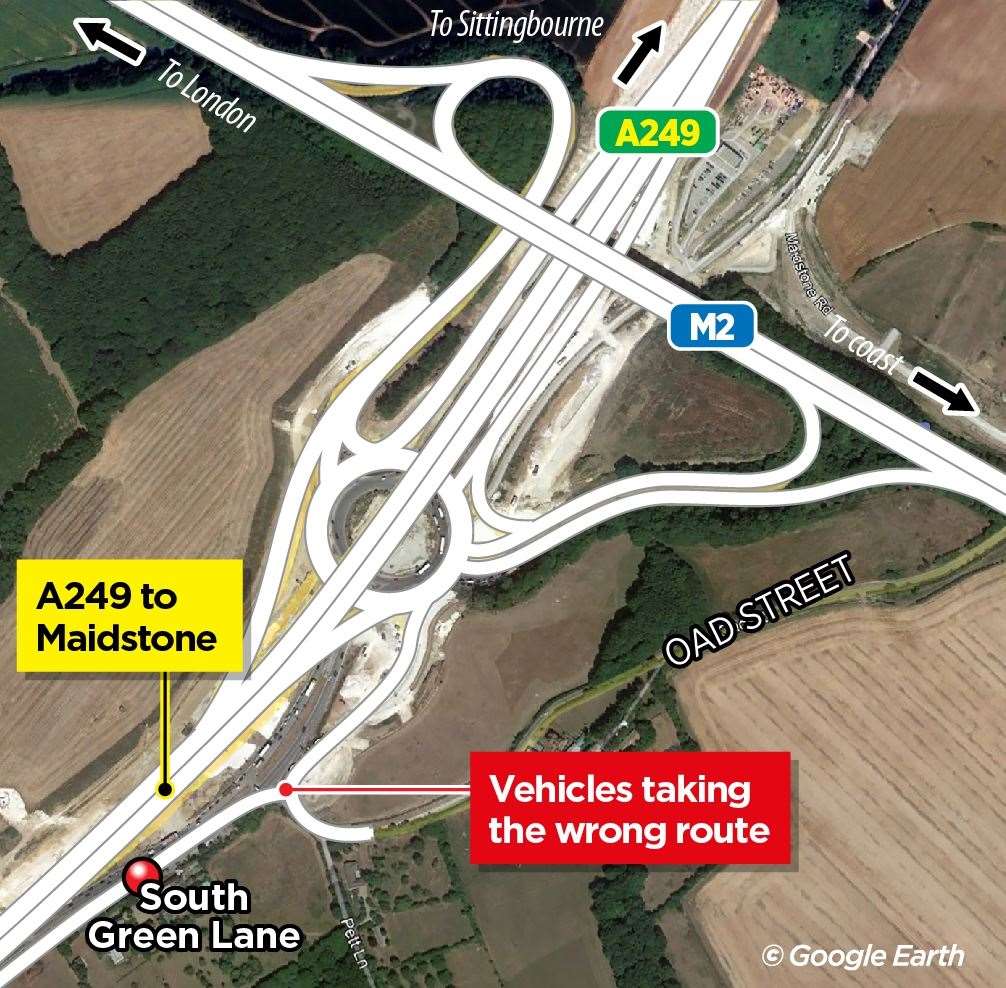 Lorry drivers have been seen reversing back down the South Green Lane link towards the Stockbury Roundabout