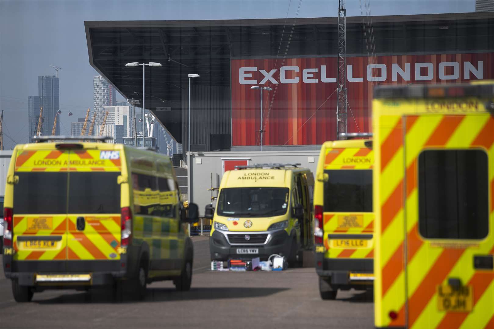 Ambulances outside the NHS Nightingale Hospital at the ExCeL in London (Victoria Jones/PA)