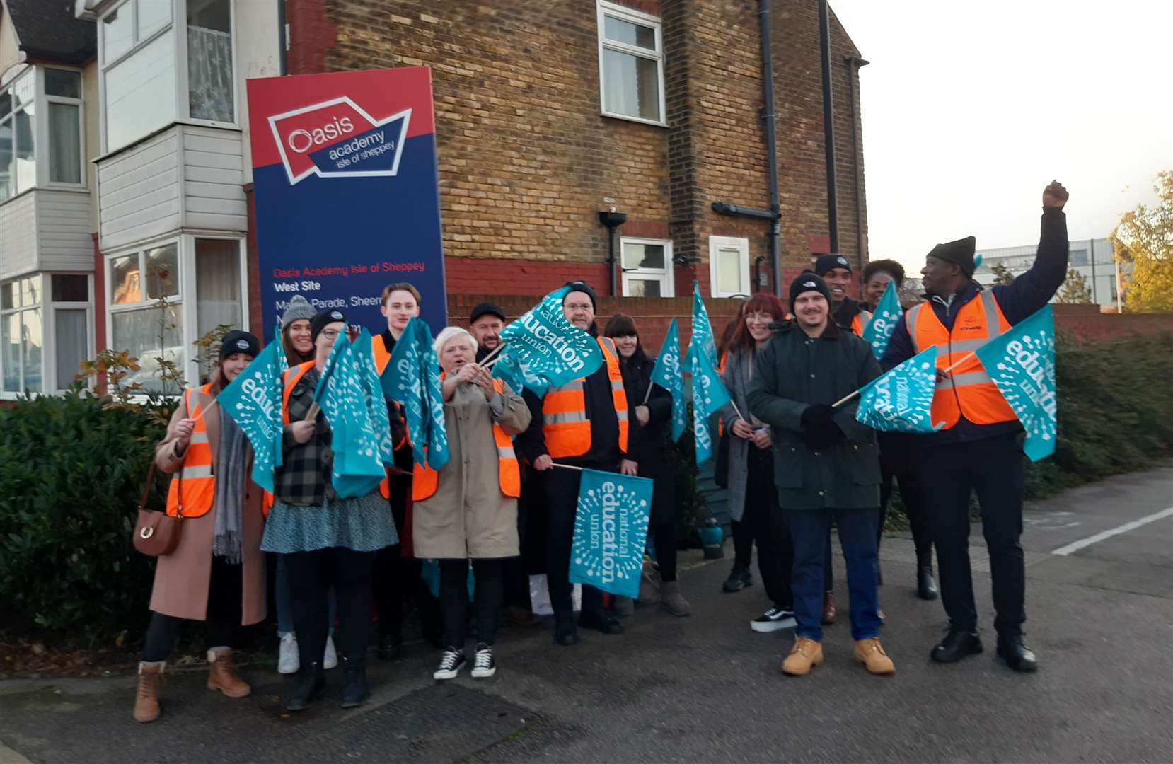 Teachers on the picket line outside Oasis Academy on the Isle of Sheppey in a strike over pupils' behaviour